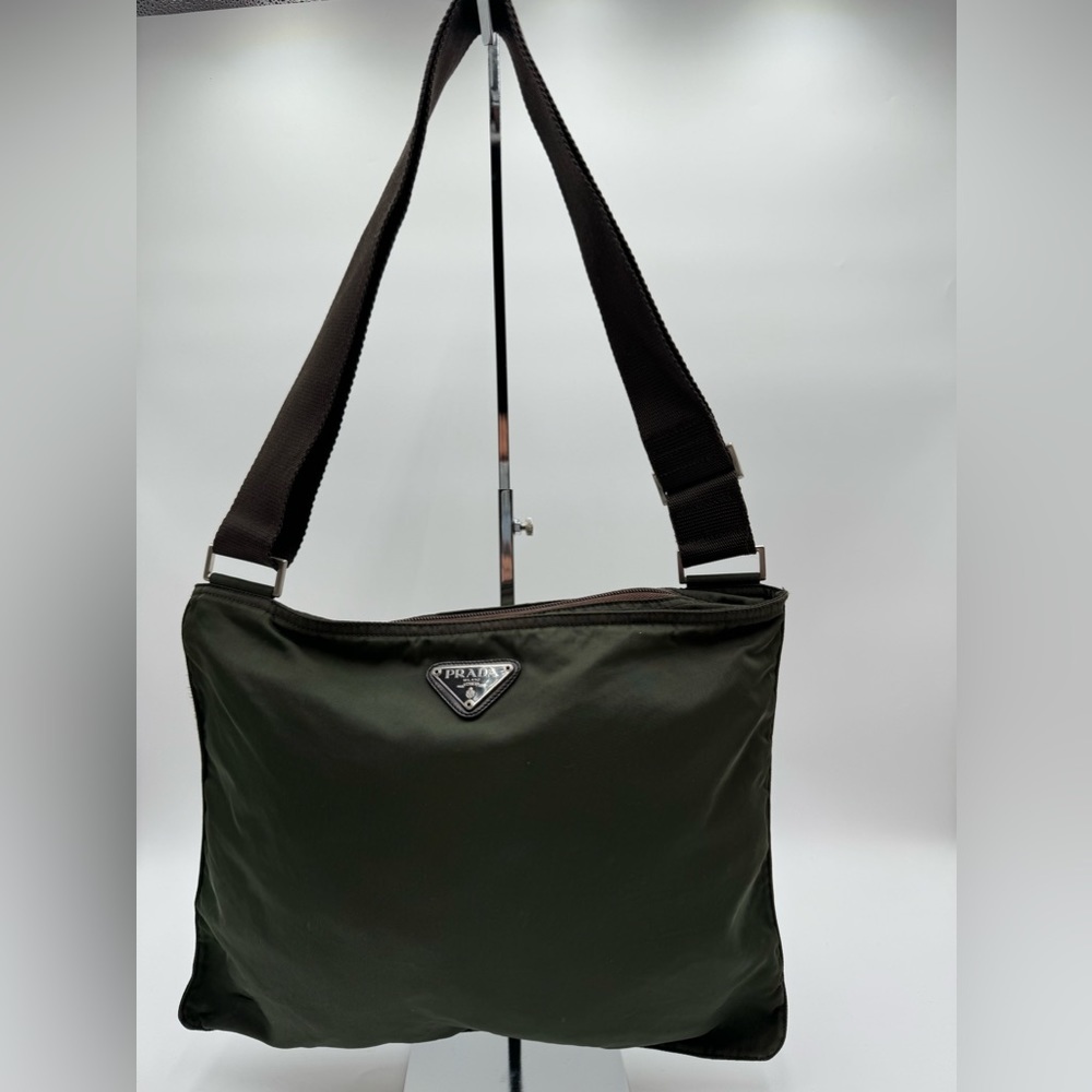Prada - Authentic - Olive Green Canvas Tote Bag / Messenger Bag